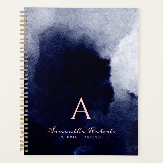 Chic Navy Blue Watercolor Blush Pink Monogram Planner (Front)