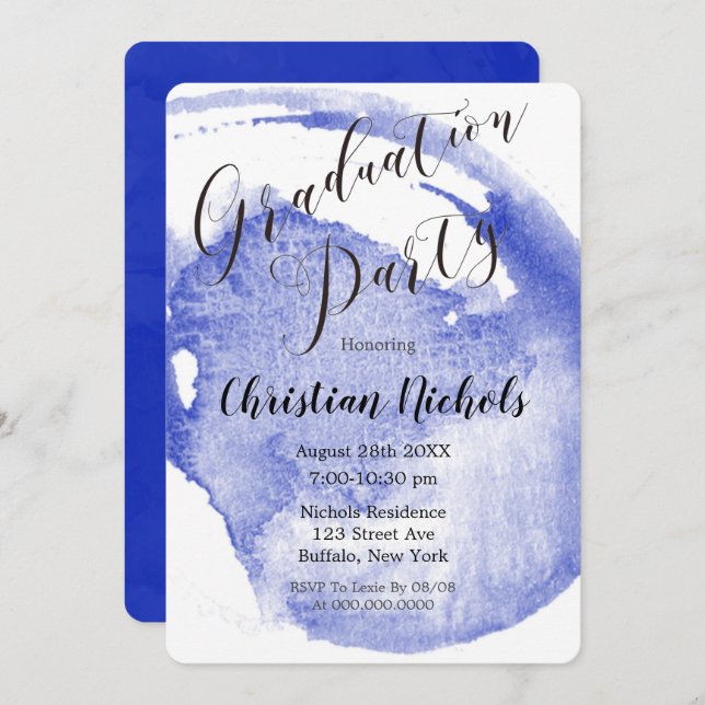 Chic Navy Blue Watercolor Graduation Party Invitat Invitation (Front/Back)