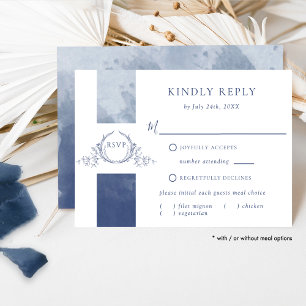 Chic Navy Blue Watercolor Wedding Monogram RSVP