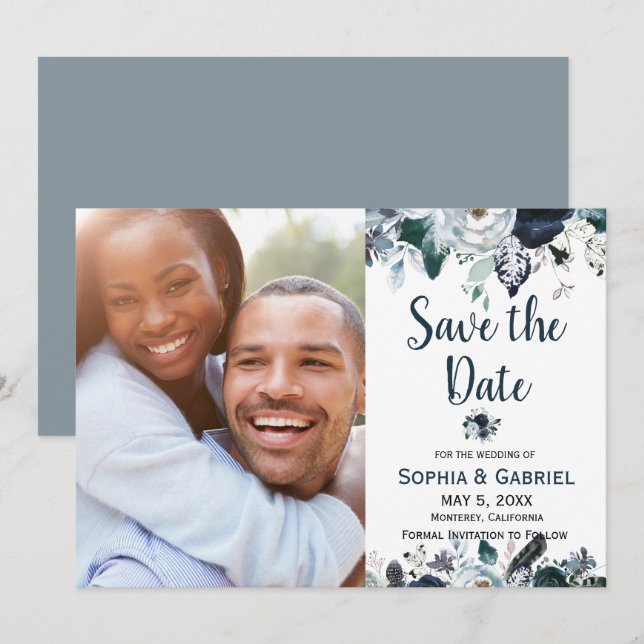 Chic Navy Blue White Flowers Wedding Save the Date (Front/Back)