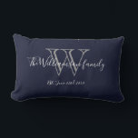 Chic Navy Blue White Monogram Family Keepsake Lumbar Cushion<br><div class="desc">Chic Navy Blue White Monogram Family Keepsake Lumbar Pillow. Personalised monogram initial with your family's last name and wedding date in script lettering on a navy blue background. Makes a unique cute gift for newlyweds. Lovely for their new life together or for your family room. Click personalise this template to...</div>