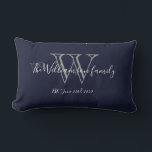 Chic Navy Blue White Monogram Family Keepsake Lumbar Cushion<br><div class="desc">Chic Navy Blue White Monogram Family Keepsake Lumbar Pillow. Personalised monogram initial with your family's last name and wedding date in script lettering on a navy blue background. Makes a unique cute gift for newlyweds. Lovely for their new life together or for your family room. Click personalise this template to...</div>