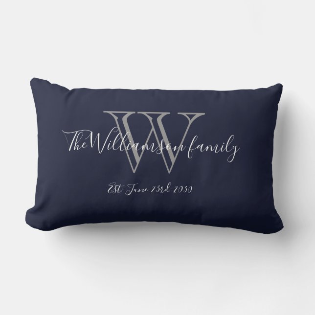  Chic Navy Blue White Monogram Family Keepsake Lumbar Cushion (Front)