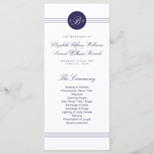 Chic Navy Blue White Monogram Program Rack Cards (Front)