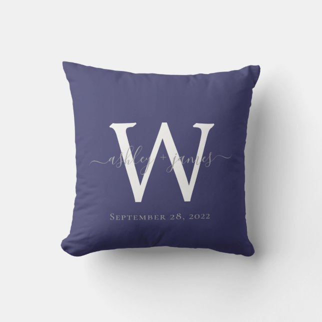 Chic Navy Blue White Monogram Wedding Keepsake Cushion (Front)