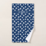 Chic Navy Blue & White Paw Print Custom Dog Towel<br><div class="desc">Why use a worn out cloth to clean your dog's paws after a muddy walk? He will just be as happy to have a fashionable, trendy, personalised towel (and nobody will ever steal it again to clean up the kitchen floor)! Elegant paw print pattern with name to personalise. Main colours...</div>