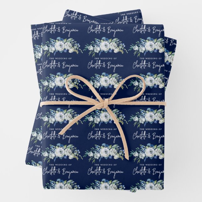 Chic Navy Blue White Peony Floral Custom Wedding Wrapping Paper Sheet (In situ)