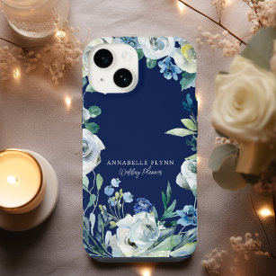 Chic Navy Blue White Peony Floral Monogram iPhone 14 Case