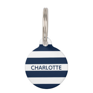 Chic navy blue white stripes custom name info pet tag