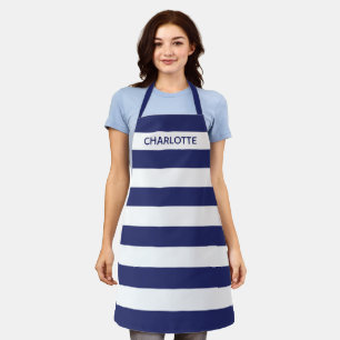 Chic navy blue white stripes custom name monogram apron
