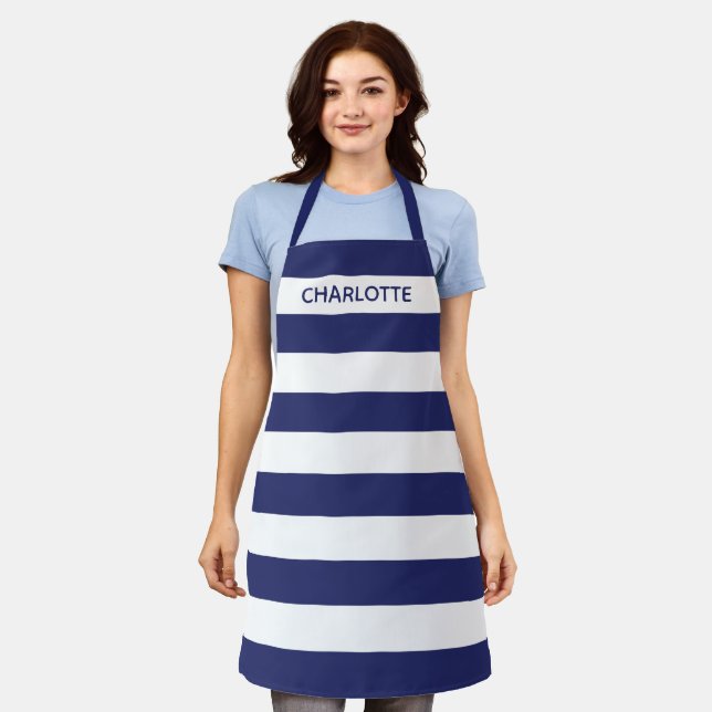 Chic navy blue white stripes custom name monogram apron (Worn)