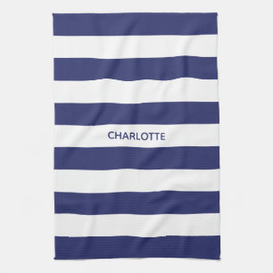 Chic navy blue white stripes custom name monogram tea towel