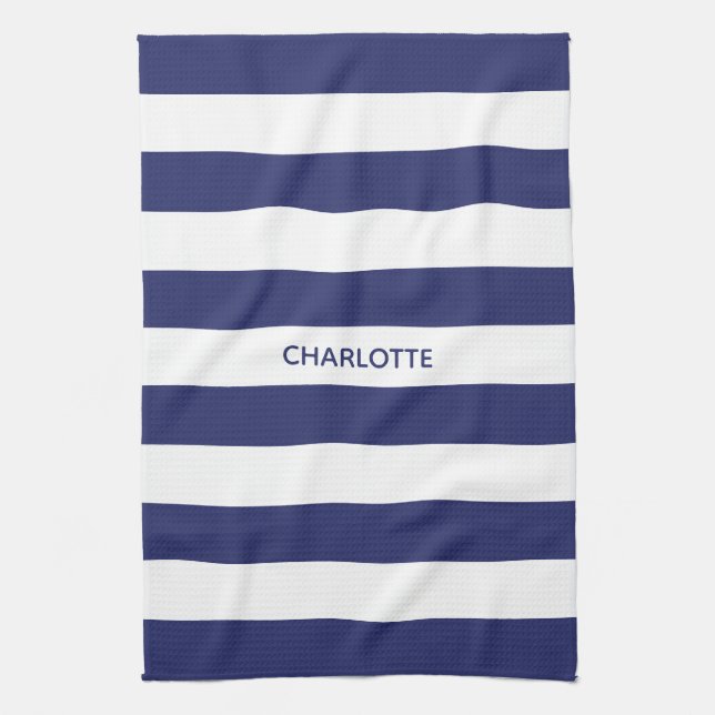 Chic navy blue white stripes custom name monogram tea towel (Vertical)