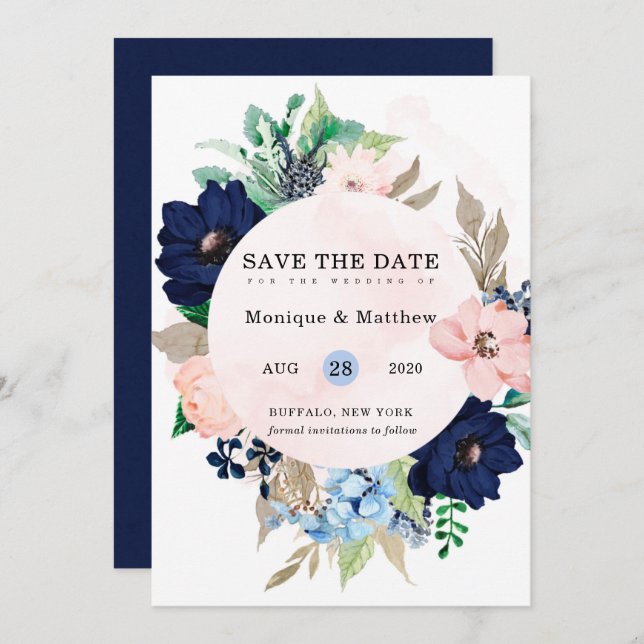 Chic Navy Blush Pink Floral Wedding Save The Date Invitation (Front/Back)