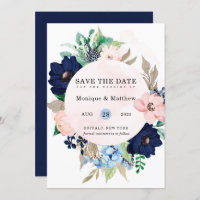 Chic Navy Blush Pink Floral Wedding Save The Date