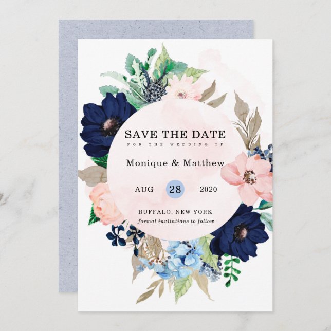 Chic Navy Blush Pink Floral Wedding Save The Date Invitation (Front/Back)