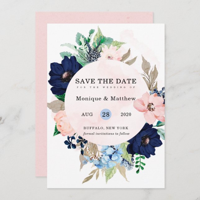 Chic Navy Blush Pink Floral Wedding Save The Date Invitation (Front/Back)