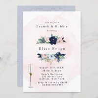 Chic Navy Blush Pink Florals Brunch & Bubbly Invit