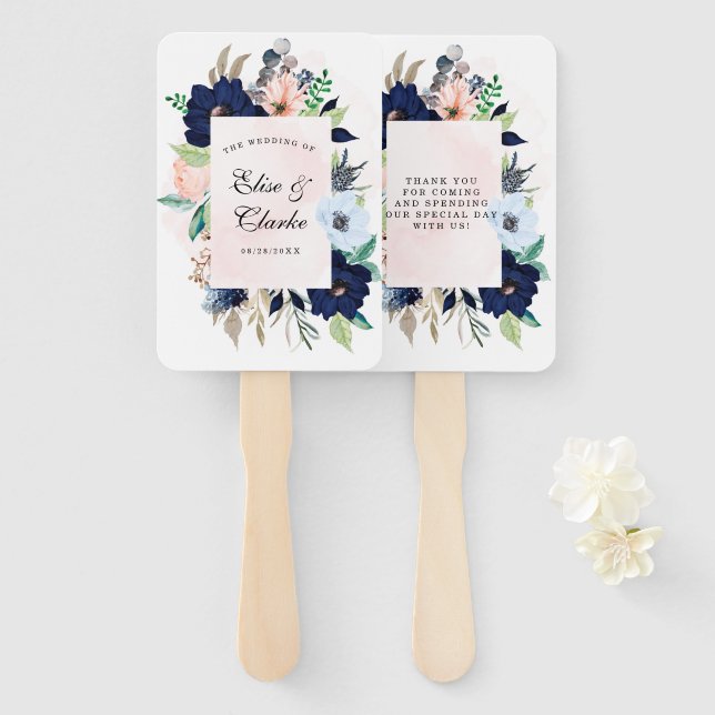 Chic Navy Blush Pink Painted Floral Wedding Thanks Hand Fan (Front and Back)