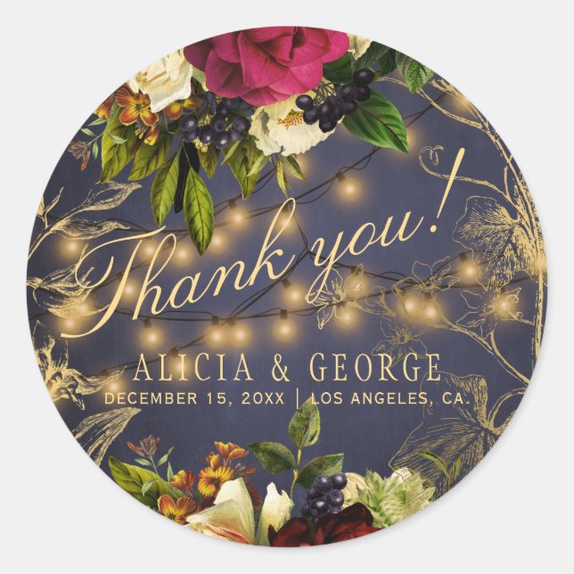 Chic navy burgundy gold floral wedding thank you classic round sticker (Front)