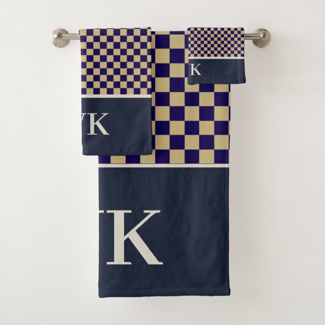 Chic Navy Chequerboard Spa Monogram Bath Towel Set (Insitu)