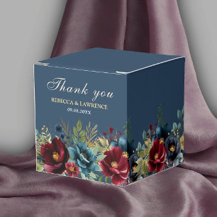 Chic navy dusty blue burgundy flowers wedding favour box