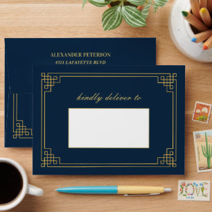 Chic Navy Gold Art Deco Birthday Personalised Envelope