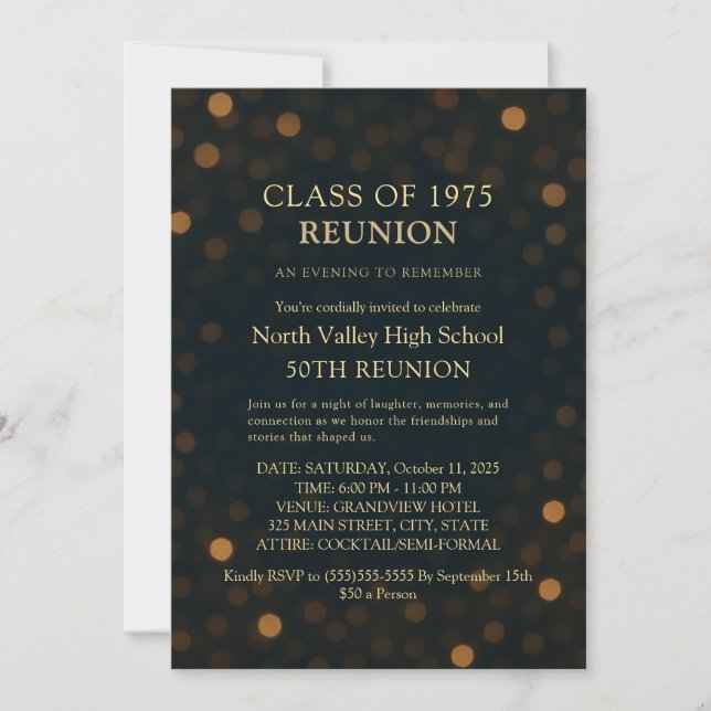 Chic Navy Gold Bokeh 50th Class Reunion Invitation (Front)