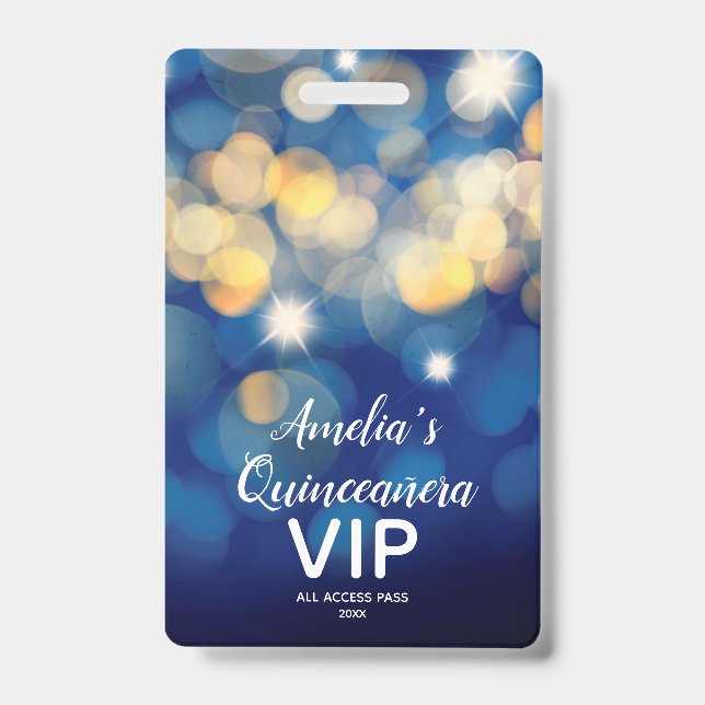 Chic Navy Gold Bokeh Quinceañera Invite VIP Pass ID Badge (Front)