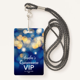 Chic Navy Gold Bokeh Quinceañera Invite VIP Pass ID Badge