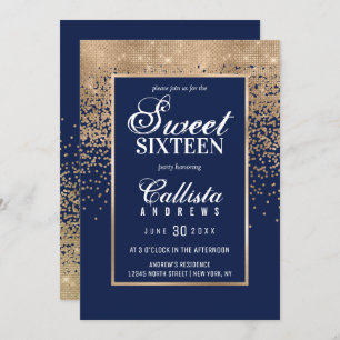 Chic Navy Gold Glitter Confetti Photo Sweet 16 Invitation