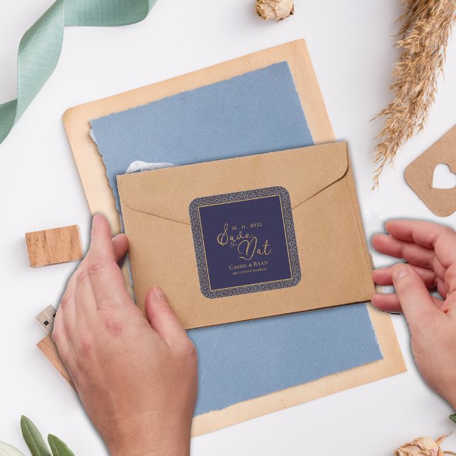 Chic Navy Gold Royal Design Wedding Save the date Square Sticker (Chic Navy Gold Royal Design Wedding Save the date Square Sticker)