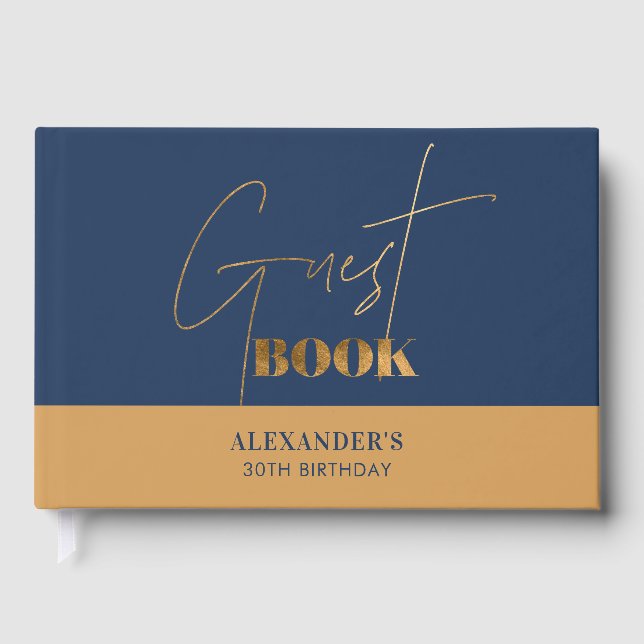 Chic Navy Gold Script Birthday Thank you Guest Book (Front)