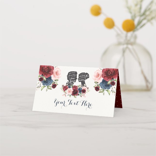 Chic  Navy Maroon Flower Bride Groom Silhouettes Place Card (Front)