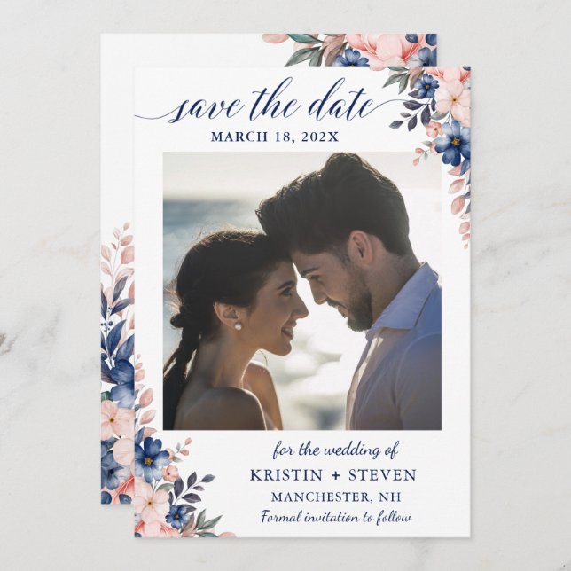 Chic Navy Peach Floral Photo Save The Date Card (Front/Back)