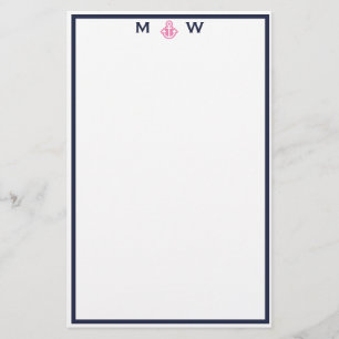 Chic Navy  & Pink Anchor Monogram  Stationery