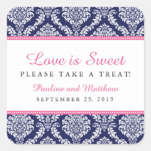 Chic Navy & Pink Damask Wedding Square Sticker