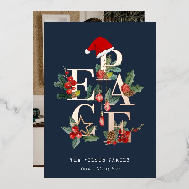 Chic Navy Red Green Photo Peace Christmas Foliage (Front/Back)