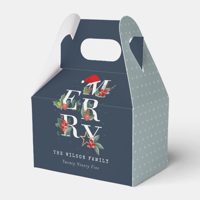Chic Navy Red Green White Merry Christmas Foliage Favour Box (Front Side)