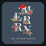 Chic Navy Red Green White Merry Christmas Foliage Square Sticker<br><div class="desc">If you need any further customisation please feel free to message me on yellowfebstudio@gmail.com.</div>