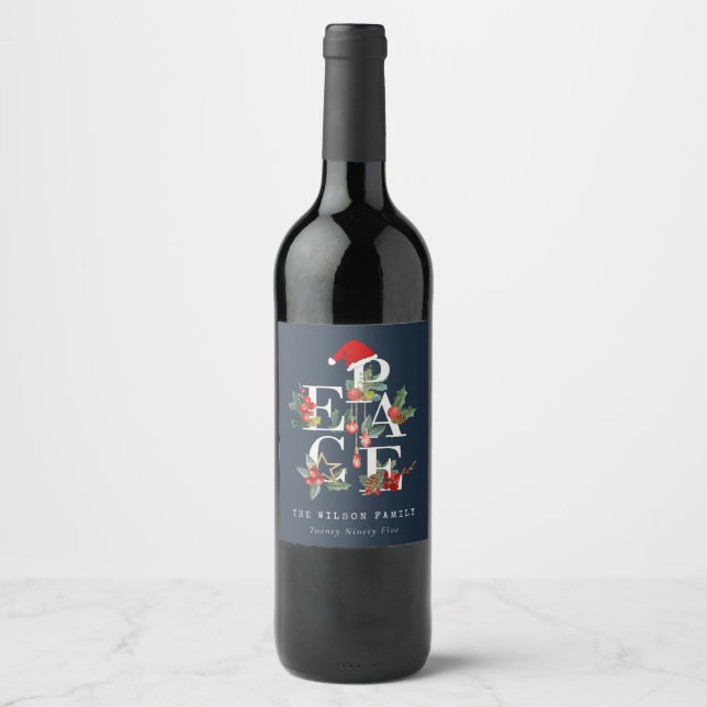 Chic Navy Red Green White Peace Christmas Foliage Wine Label (Front)