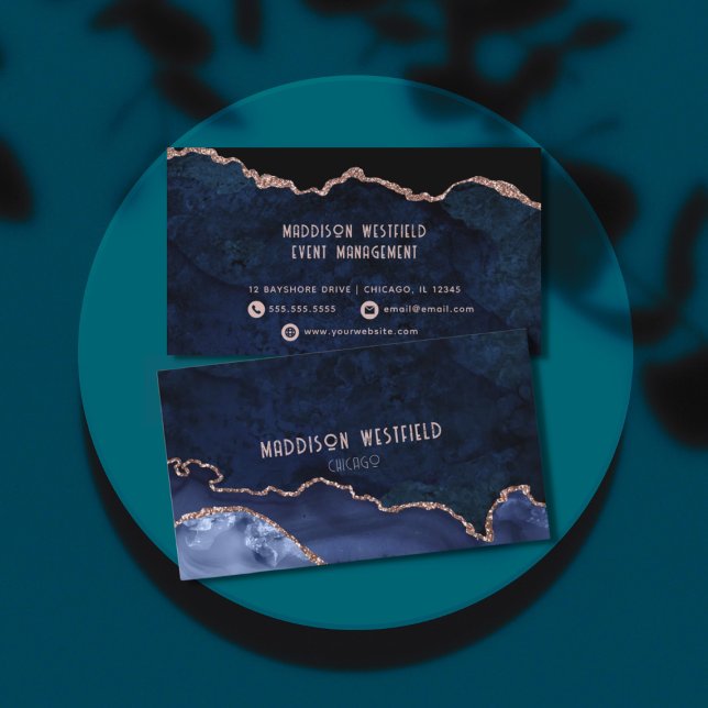 Chic Navy Rose Gold Agate  Business Card (Creator Uploaded)