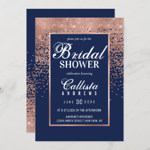 Chic Navy Rose Gold Glitter Confetti Bridal Shower Invitation