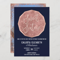 Chic Navy Rose Gold Glitter Polygon Photo Sweet 16