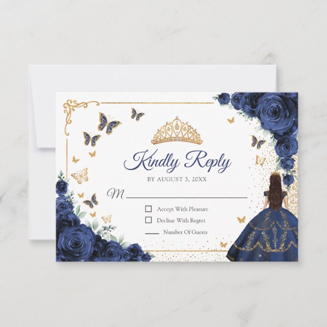Chic Navy Roses Gold Quinceanera Reply RSVP Card (Front)