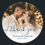 Chic Navy Script Photo Wedding Photo Thank You Classic Round Sticker<br><div class="desc">Modern Pretty Navy Calligraphy Script Thank You | Couple Photo Wedding sticker/label for yor gift favour. Featuring an elegant handwritten style calligraphy overlay with text „Thank You” on white gradient.</div>