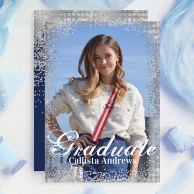 Chic Navy Silver Glitter Confetti Photo Graduation Invitation (Creator Uploaded)