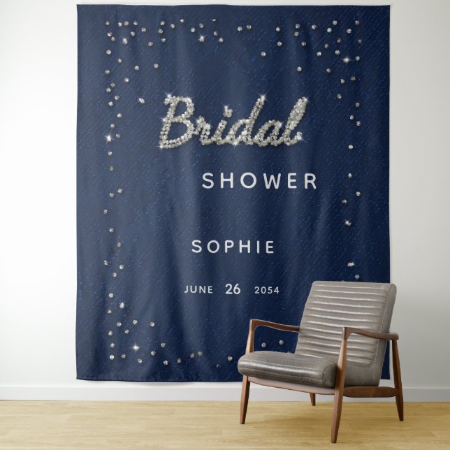 Chic Navy Sparkle Glitter Bridal Shower Backdrop Tapestry (In Situ)