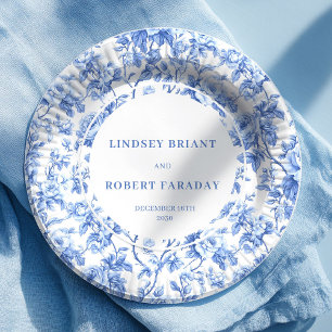 Chic navy toile roses wedding party paper plates