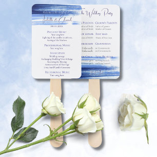 Chic Navy Watercolor Brush Strokes Wedding Program Hand Fan